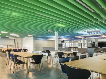 The KNAUF DESIGN baffled ceiling allows the sprinkler system to rain through – for which purpose 50 percent of the ceiling had to remain free.